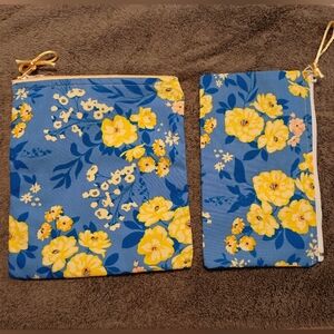Vintage yellow & blue floral jewelry & make-up pouch set bundle